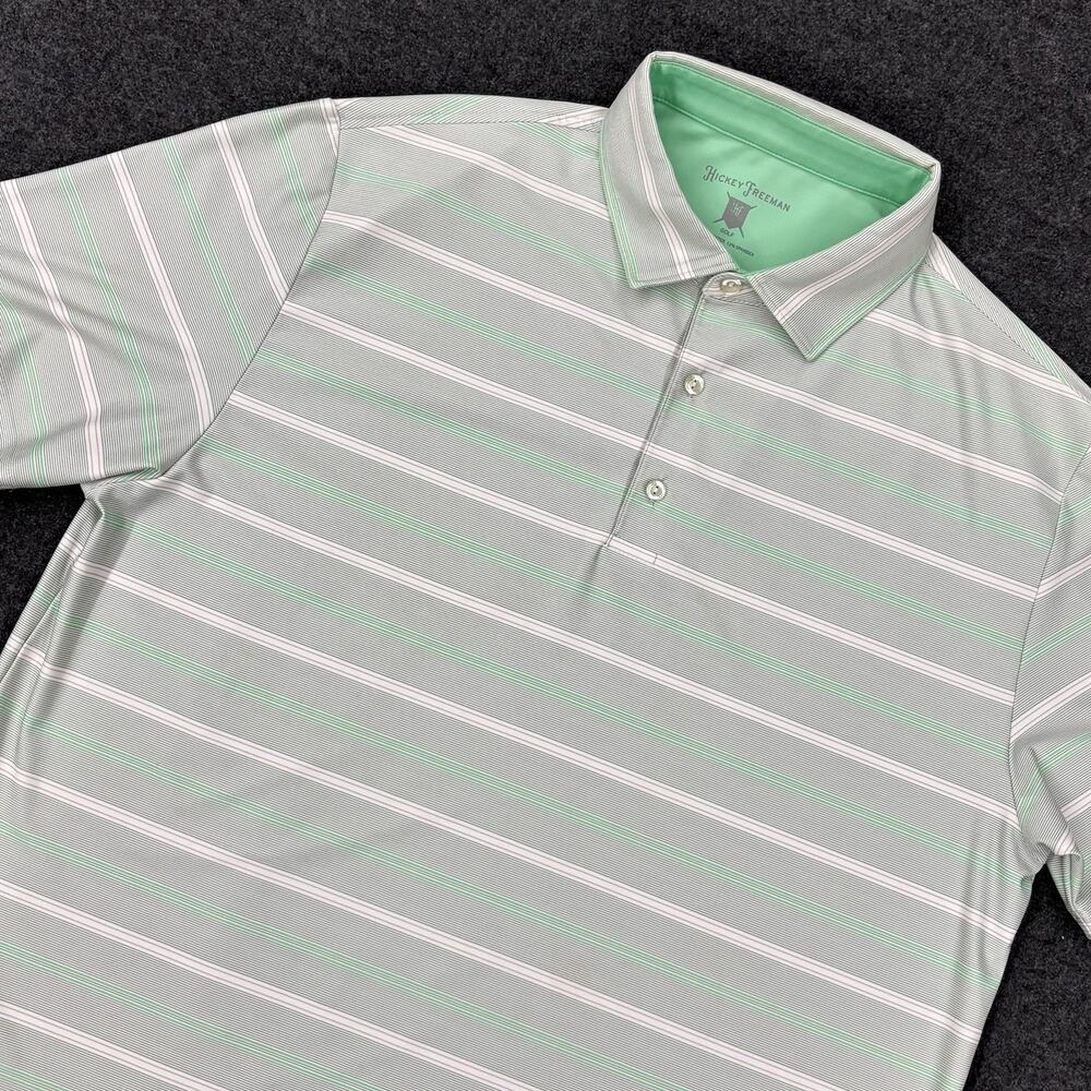 Hickey Freeman Polo Shirt Mens Size Large Green Stripe Golf Performance Stretch